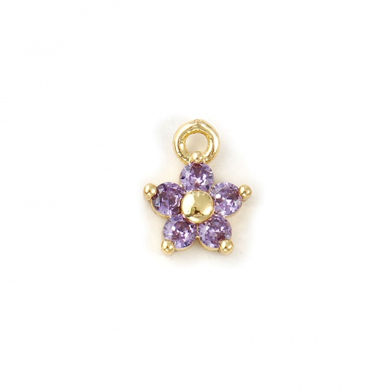 Bild von 2 PCs Brass Birthstone Charms 18K Gold Plated February Flower Mini Purple Cubic Zirconia 10mm x 8mm
