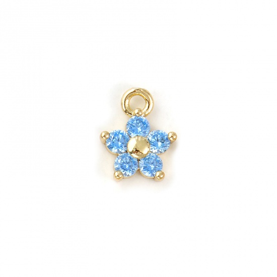 Bild von 2 PCs Brass Birthstone Charms 18K Gold Plated March Flower Mini Aqua Blue Cubic Zirconia 10mm x 8mm