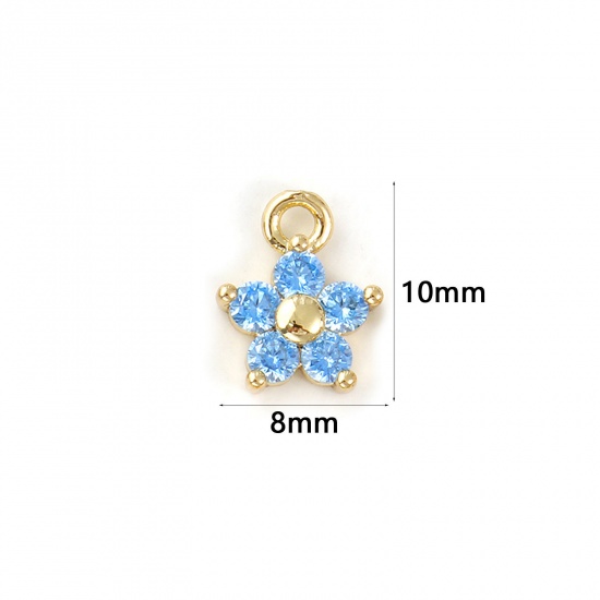 Bild von 2 PCs Brass Birthstone Charms 18K Gold Plated March Flower Mini Aqua Blue Cubic Zirconia 10mm x 8mm