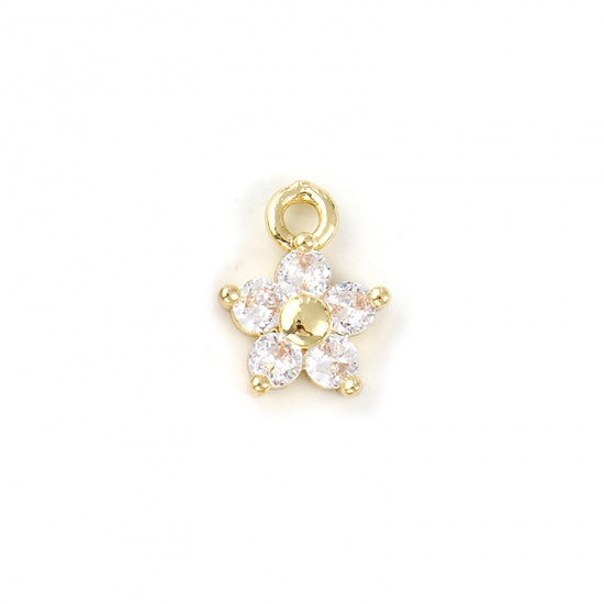 Bild von 2 PCs Brass Birthstone Charms 18K Gold Plated April Flower Mini Clear Cubic Zirconia 10mm x 8mm