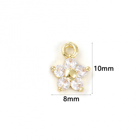 Bild von 2 PCs Brass Birthstone Charms 18K Gold Plated April Flower Mini Clear Cubic Zirconia 10mm x 8mm