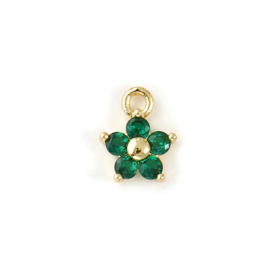Bild von 2 PCs Brass Birthstone Charms 18K Gold Plated May Flower Mini Emerald Cubic Zirconia 10mm x 8mm