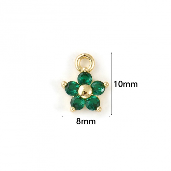 Bild von 2 PCs Brass Birthstone Charms 18K Gold Plated May Flower Mini Emerald Cubic Zirconia 10mm x 8mm