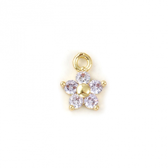 Bild von 2 PCs Brass Birthstone Charms 18K Gold Plated June Flower Mini Mauve Cubic Zirconia 10mm x 8mm