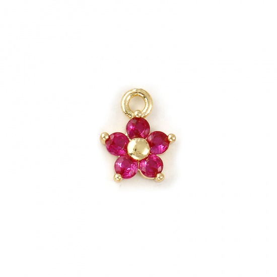 Bild von 2 PCs Brass Birthstone Charms 18K Gold Plated July Flower Mini Fuchsia Cubic Zirconia 10mm x 8mm