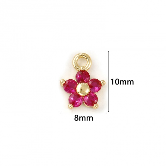 Bild von 2 PCs Brass Birthstone Charms 18K Gold Plated July Flower Mini Fuchsia Cubic Zirconia 10mm x 8mm