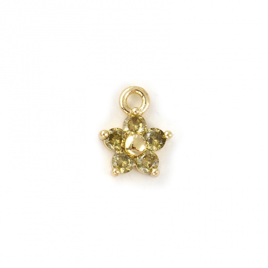 Bild von 2 PCs Brass Birthstone Charms 18K Gold Plated August Flower Mini Olive Green Cubic Zirconia 10mm x 8mm