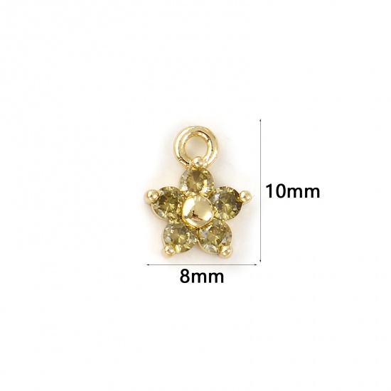 Bild von 2 PCs Brass Birthstone Charms 18K Gold Plated August Flower Mini Olive Green Cubic Zirconia 10mm x 8mm