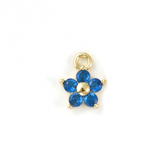Bild von 2 PCs Brass Birthstone Charms 18K Gold Plated September Flower Mini Royal Blue Cubic Zirconia 10mm x 8mm