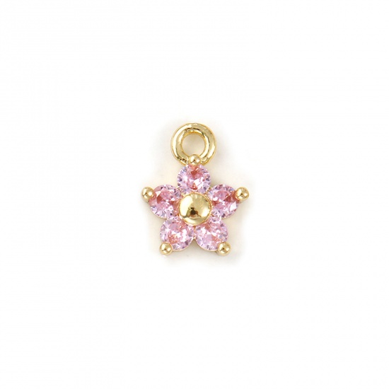 Bild von 2 PCs Brass Birthstone Charms 18K Gold Plated October Flower Mini Light Pink Cubic Zirconia 10mm x 8mm