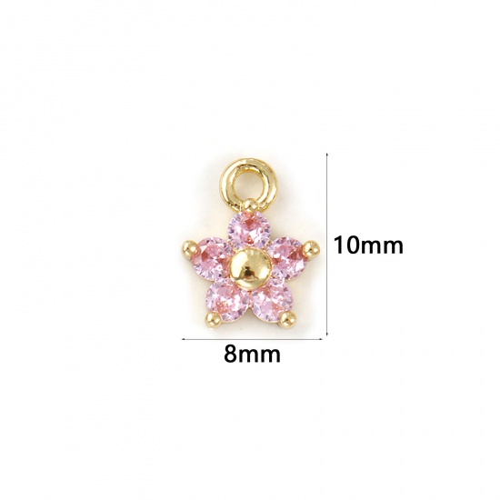 Bild von 2 PCs Brass Birthstone Charms 18K Gold Plated October Flower Mini Light Pink Cubic Zirconia 10mm x 8mm
