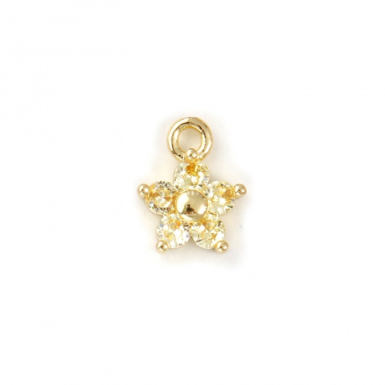 Bild von 2 PCs Brass Birthstone Charms 18K Gold Plated November Flower Mini Yellow Cubic Zirconia 10mm x 8mm