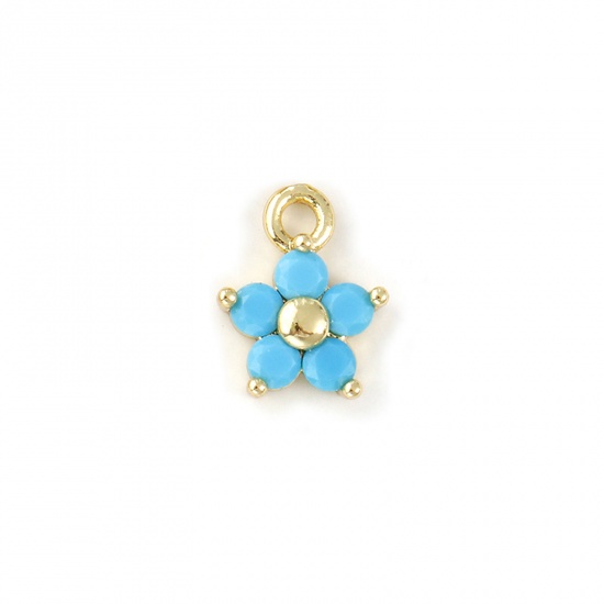 Bild von 2 PCs Brass Birthstone Charms 18K Gold Plated December Flower Mini Light Blue Cubic Zirconia 10mm x 8mm