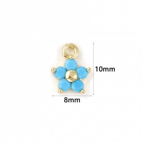 Bild von 2 PCs Brass Birthstone Charms 18K Gold Plated December Flower Mini Light Blue Cubic Zirconia 10mm x 8mm