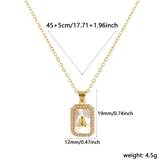 Immagine di 18K Real Gold Plated Link Cable Chain Octagon Pendant Charm Necklace, Natural Shell & Brass 46cm(18.1") + 6cm(2.4"), For Women, Clear Cubic Zirconia Message " A " White Micro Pave, Retro Capital Alphabet Initial Letter Name Gift, Eco-friendly, 1 Piece