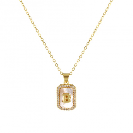 Immagine di 18K Real Gold Plated Link Cable Chain Octagon Pendant Charm Necklace, Natural Shell & Brass 46cm(18.1") + 6cm(2.4"), For Women, Clear Cubic Zirconia Message " B " White Micro Pave, Retro Capital Alphabet Initial Letter Name Gift, Eco-friendly, 1 Piece