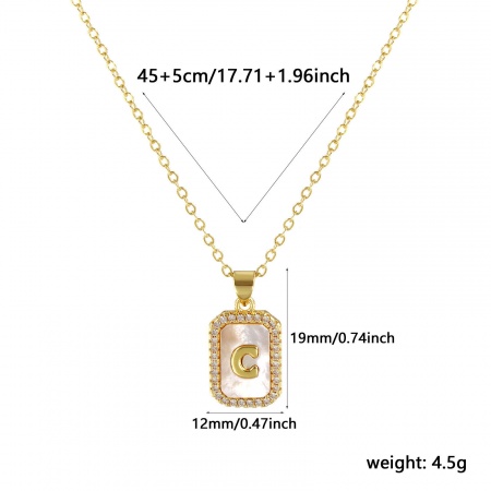 Picture of 18K Real Gold Plated Link Cable Chain Octagon Pendant Charm Necklace, Natural Shell & Brass 46cm(18.1") + 6cm(2.4"), For Women, Clear Cubic Zirconia Message " C " White Micro Pave, Retro Capital Alphabet Initial Letter Name Gift, Eco-friendly, 1 Piece