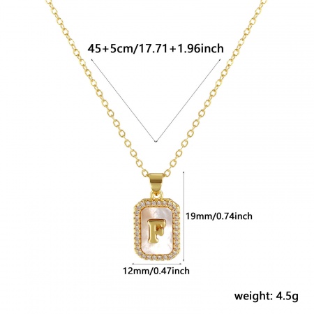 Picture of 18K Real Gold Plated Link Cable Chain Octagon Pendant Charm Necklace, Natural Shell & Brass 46cm(18.1") + 6cm(2.4"), For Women, Clear Cubic Zirconia Message " F " White Micro Pave, Retro Capital Alphabet Initial Letter Name Gift, Eco-friendly, 1 Piece