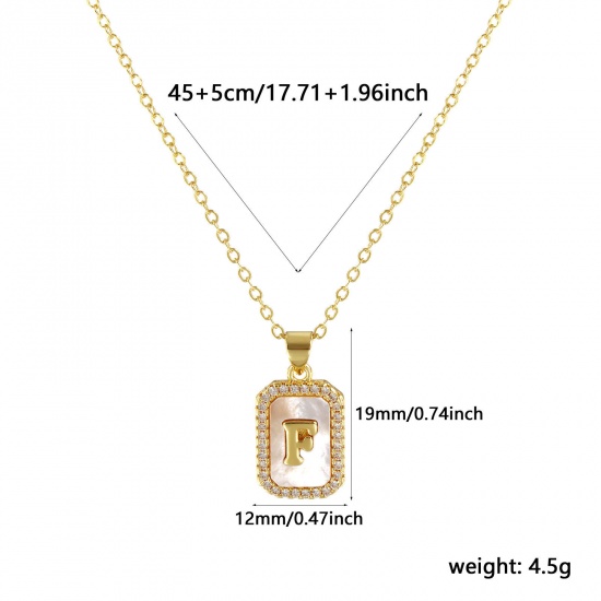 Immagine di 18K Real Gold Plated Link Cable Chain Octagon Pendant Charm Necklace, Natural Shell & Brass 46cm(18.1") + 6cm(2.4"), For Women, Clear Cubic Zirconia Message " F " White Micro Pave, Retro Capital Alphabet Initial Letter Name Gift, Eco-friendly, 1 Piece