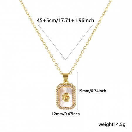 Picture of 18K Real Gold Plated Link Cable Chain Octagon Pendant Charm Necklace, Natural Shell & Brass 46cm(18.1") + 6cm(2.4"), For Women, Clear Cubic Zirconia Message " G " White Micro Pave, Retro Capital Alphabet Initial Letter Name Gift, Eco-friendly, 1 Piece