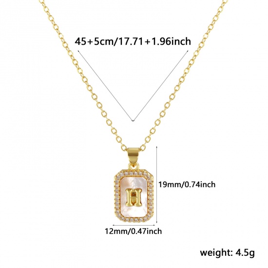 Immagine di 18K Real Gold Plated Link Cable Chain Octagon Pendant Charm Necklace, Natural Shell & Brass 46cm(18.1") + 6cm(2.4"), For Women, Clear Cubic Zirconia Message " H " White Micro Pave, Retro Capital Alphabet Initial Letter Name Gift, Eco-friendly, 1 Piece