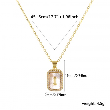 Picture of 18K Real Gold Plated Link Cable Chain Octagon Pendant Charm Necklace, Natural Shell & Brass 46cm(18.1") + 6cm(2.4"), For Women, Clear Cubic Zirconia Message " I " White Micro Pave, Retro Capital Alphabet Initial Letter Name Gift, Eco-friendly, 1 Piece