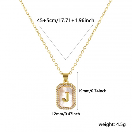 Picture of 18K Real Gold Plated Link Cable Chain Octagon Pendant Charm Necklace, Natural Shell & Brass 46cm(18.1") + 6cm(2.4"), For Women, Clear Cubic Zirconia Message " J " White Micro Pave, Retro Capital Alphabet Initial Letter Name Gift, Eco-friendly, 1 Piece