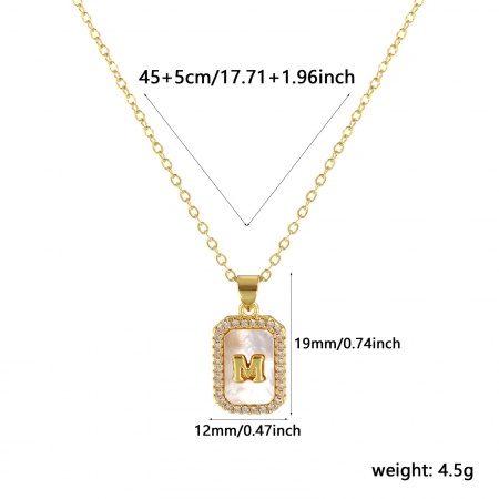Picture of 18K Real Gold Plated Link Cable Chain Octagon Pendant Charm Necklace, Natural Shell & Brass 46cm(18.1") + 6cm(2.4"), For Women, Clear Cubic Zirconia Message " M " White Micro Pave, Retro Capital Alphabet Initial Letter Name Gift, Eco-friendly, 1 Piece