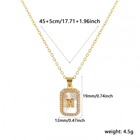 Picture of 18K Real Gold Plated Link Cable Chain Octagon Pendant Charm Necklace, Natural Shell & Brass 46cm(18.1") + 6cm(2.4"), For Women, Clear Cubic Zirconia Message " N " White Micro Pave, Retro Capital Alphabet Initial Letter Name Gift, Eco-friendly, 1 Piece