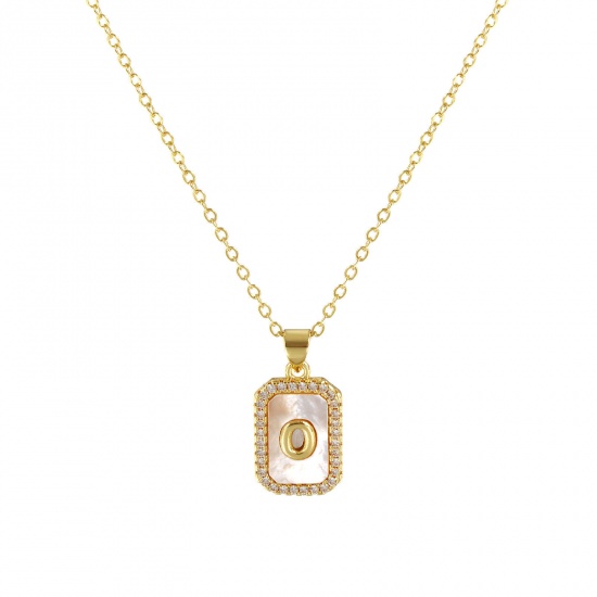 Immagine di 18K Real Gold Plated Link Cable Chain Octagon Pendant Charm Necklace, Natural Shell & Brass 46cm(18.1") + 6cm(2.4"), For Women, Clear Cubic Zirconia Message " O " White Micro Pave, Retro Capital Alphabet Initial Letter Name Gift, Eco-friendly, 1 Piece