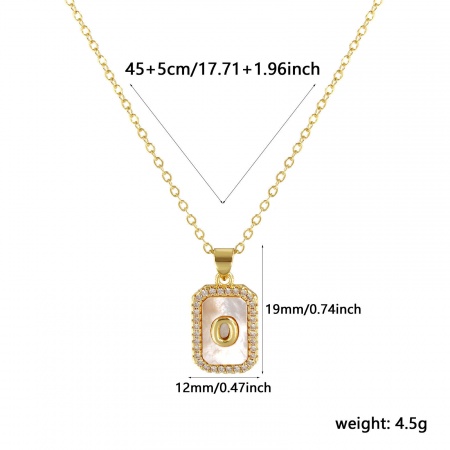 Picture of 18K Real Gold Plated Link Cable Chain Octagon Pendant Charm Necklace, Natural Shell & Brass 46cm(18.1") + 6cm(2.4"), For Women, Clear Cubic Zirconia Message " O " White Micro Pave, Retro Capital Alphabet Initial Letter Name Gift, Eco-friendly, 1 Piece