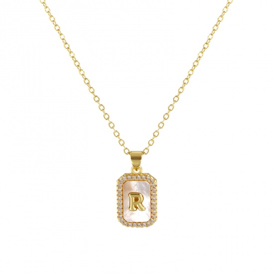 Immagine di 18K Real Gold Plated Link Cable Chain Octagon Pendant Charm Necklace, Natural Shell & Brass 46cm(18.1") + 6cm(2.4"), For Women, Clear Cubic Zirconia Message " R " White Micro Pave, Retro Capital Alphabet Initial Letter Name Gift, Eco-friendly, 1 Piece