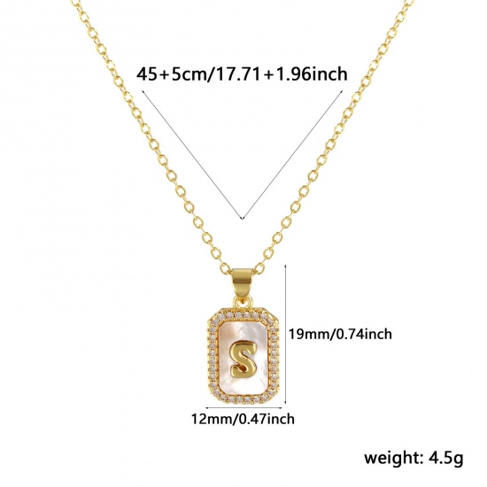 Immagine di 18K Real Gold Plated Link Cable Chain Octagon Pendant Charm Necklace, Natural Shell & Brass 46cm(18.1") + 6cm(2.4"), For Women, Clear Cubic Zirconia Message " S " White Micro Pave, Retro Capital Alphabet Initial Letter Name Gift, Eco-friendly, 1 Piece