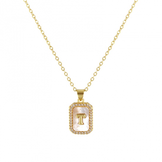 Immagine di 18K Real Gold Plated Link Cable Chain Octagon Pendant Charm Necklace, Natural Shell & Brass 46cm(18.1") + 6cm(2.4"), For Women, Clear Cubic Zirconia Message " T " White Micro Pave, Retro Capital Alphabet Initial Letter Name Gift, Eco-friendly, 1 Piece