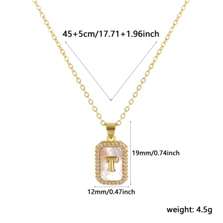 Picture of 18K Real Gold Plated Link Cable Chain Octagon Pendant Charm Necklace, Natural Shell & Brass 46cm(18.1") + 6cm(2.4"), For Women, Clear Cubic Zirconia Message " T " White Micro Pave, Retro Capital Alphabet Initial Letter Name Gift, Eco-friendly, 1 Piece
