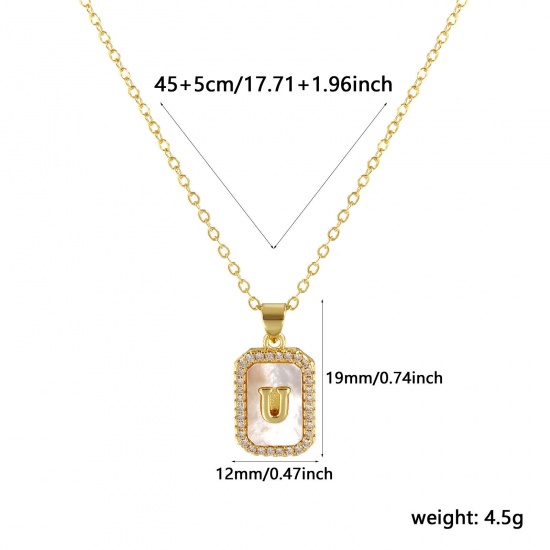 Immagine di 18K Real Gold Plated Link Cable Chain Octagon Pendant Charm Necklace, Natural Shell & Brass 46cm(18.1") + 6cm(2.4"), For Women, Clear Cubic Zirconia Message " U " White Micro Pave, Retro Capital Alphabet Initial Letter Name Gift, Eco-friendly, 1 Piece