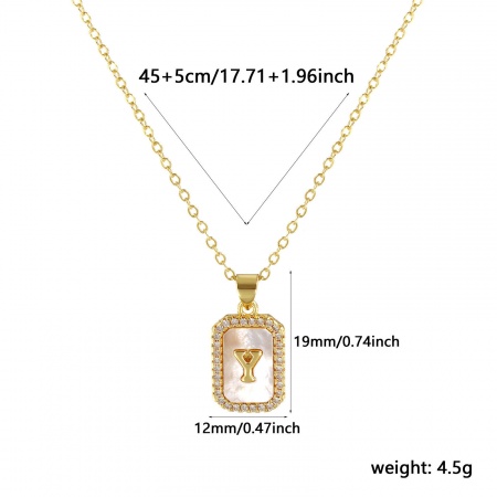 Picture of 18K Real Gold Plated Link Cable Chain Octagon Pendant Charm Necklace, Natural Shell & Brass 46cm(18.1") + 6cm(2.4"), For Women, Clear Cubic Zirconia Message " Y " White Micro Pave, Retro Capital Alphabet Initial Letter Name Gift, Eco-friendly, 1 Piece