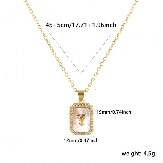 Immagine di 18K Real Gold Plated Link Cable Chain Octagon Pendant Charm Necklace, Natural Shell & Brass 46cm(18.1") + 6cm(2.4"), For Women, Clear Cubic Zirconia Message " Y " White Micro Pave, Retro Capital Alphabet Initial Letter Name Gift, Eco-friendly, 1 Piece