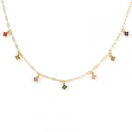 Immagine di Fiore Micro Spianare Multicolore Circonio Cubico Collana della Stazione All'Ingrosso, 18K Vero Oro Placcato Ottone Catena a Graffetta, Ecologico Squisito Dolce & Carino Regalo Gioielli Per Rivenditore, 45cm Lunghezza, 1 Pz