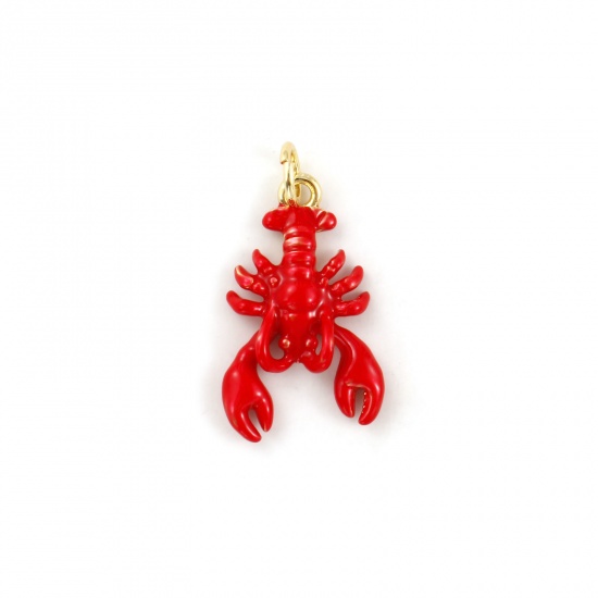 Image de 2 Pcs Breloques Bijoux d'Océan Respectueux de la Nature en Laiton Plaqué Or Véritable 18K Rouge Émail Homard 3D 23mm x 12mm