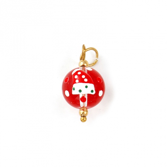 Immagine di 2 Pz Placcatura Sottovuoto PVD Ecologica 304 Acciaio Inossidabile & Resina Ciondoli Placcato Oro 18K Rosso Smalto Palla Cappelli di Natale 25mm x 12mm