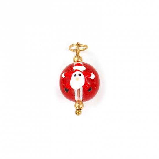 Immagine di 2 Pz Placcatura Sottovuoto PVD Ecologica 304 Acciaio Inossidabile & Resina Ciondoli Placcato Oro 18K Rosso Smalto Palla Babbo Natale 25mm x 12mm