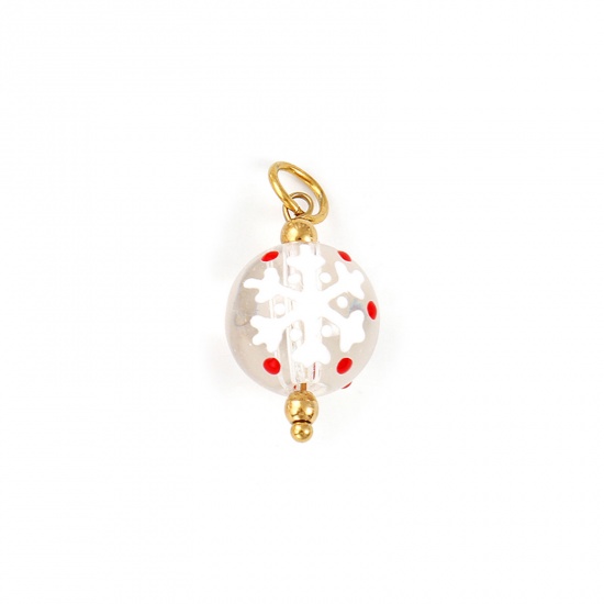 Immagine di 2 Pz Placcatura Sottovuoto PVD Ecologica 304 Acciaio Inossidabile & Resina Natale Ciondoli Placcato Oro 18K Bianco Smalto Palla Fiocco di Neve 25mm x 12mm
