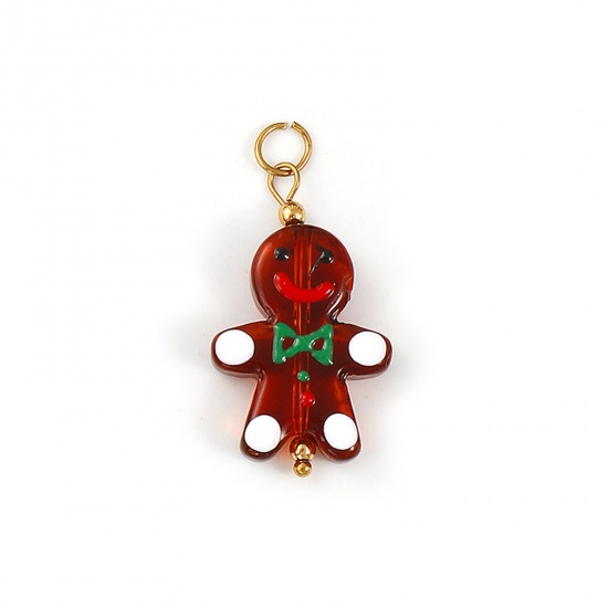 Immagine di 1 Pz Placcatura Sottovuoto PVD Ecologica 304 Acciaio Inossidabile & Resina Ciondoli Pendenti Placcato Oro 18K Colore del Caffè Ginger Bread Man di Natale 3D 3.8cm x 1.9cm