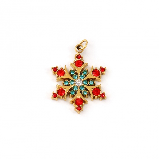 Immagine di 1 Pz Placcatura Sottovuoto PVD Ecologica 304 Acciaio Inossidabile Ciondoli 18K Vero Oro Placcato Natale Fiocco di Neve Rosso Cubic Zirconiae 21mm x 14.5mm