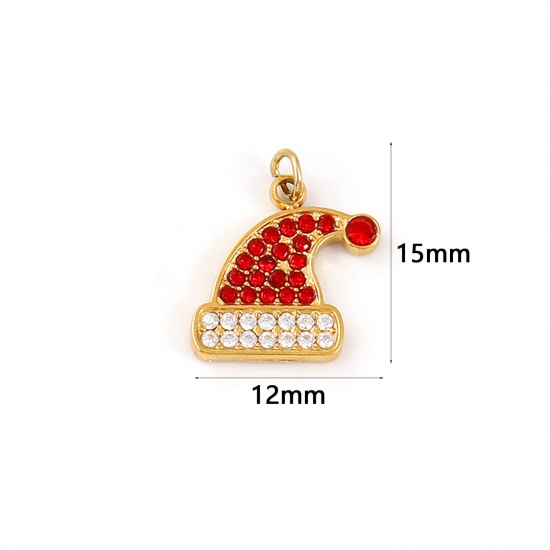 Immagine di 1 Pz Placcatura Sottovuoto PVD Ecologica 304 Acciaio Inossidabile Ciondoli 18K Vero Oro Placcato Cappelli di Natale Rosso Cubic Zirconiae 15mm x 12mm