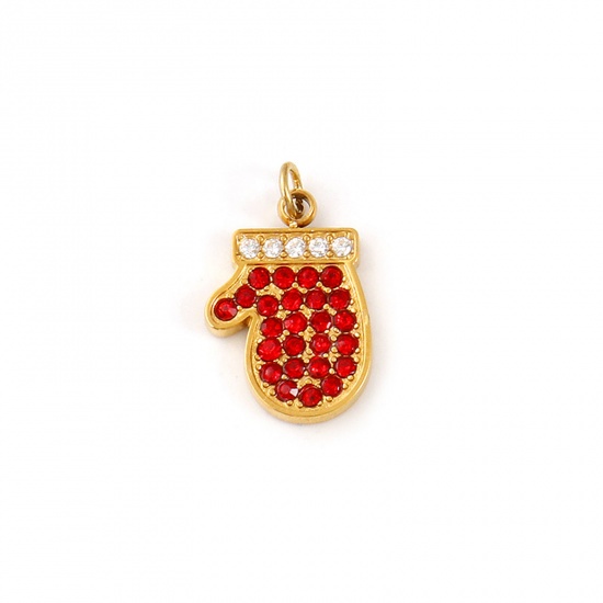 Immagine di 1 Pz Placcatura Sottovuoto PVD Ecologica 304 Acciaio Inossidabile Natale Ciondoli 18K Vero Oro Placcato Guanto Rosso Cubic Zirconiae 17mm x 10mm