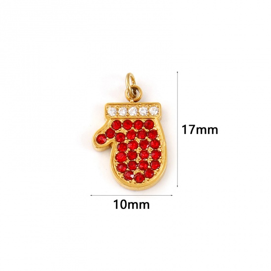 Immagine di 1 Pz Placcatura Sottovuoto PVD Ecologica 304 Acciaio Inossidabile Natale Ciondoli 18K Vero Oro Placcato Guanto Rosso Cubic Zirconiae 17mm x 10mm