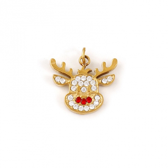 Immagine di 1 Pz Placcatura Sottovuoto PVD Ecologica 304 Acciaio Inossidabile Ciondoli 18K Vero Oro Placcato Renna di Natale Rosso Cubic Zirconiae 15mm x 14mm