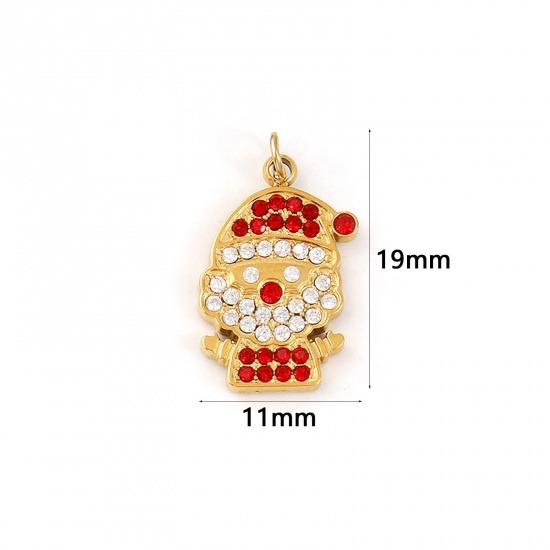 Immagine di 1 Pz Placcatura Sottovuoto PVD Ecologica 304 Acciaio Inossidabile Ciondoli 18K Vero Oro Placcato Babbo Natale Rosso Cubic Zirconiae 19mm x 11mm